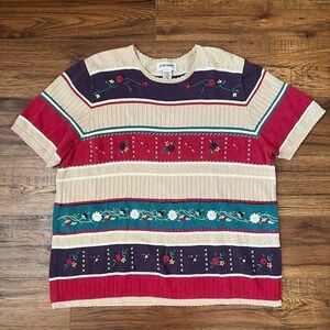 Alfred Dunner Embroidered Knit Top Colourful Floral Women XL Cottagecore Boho